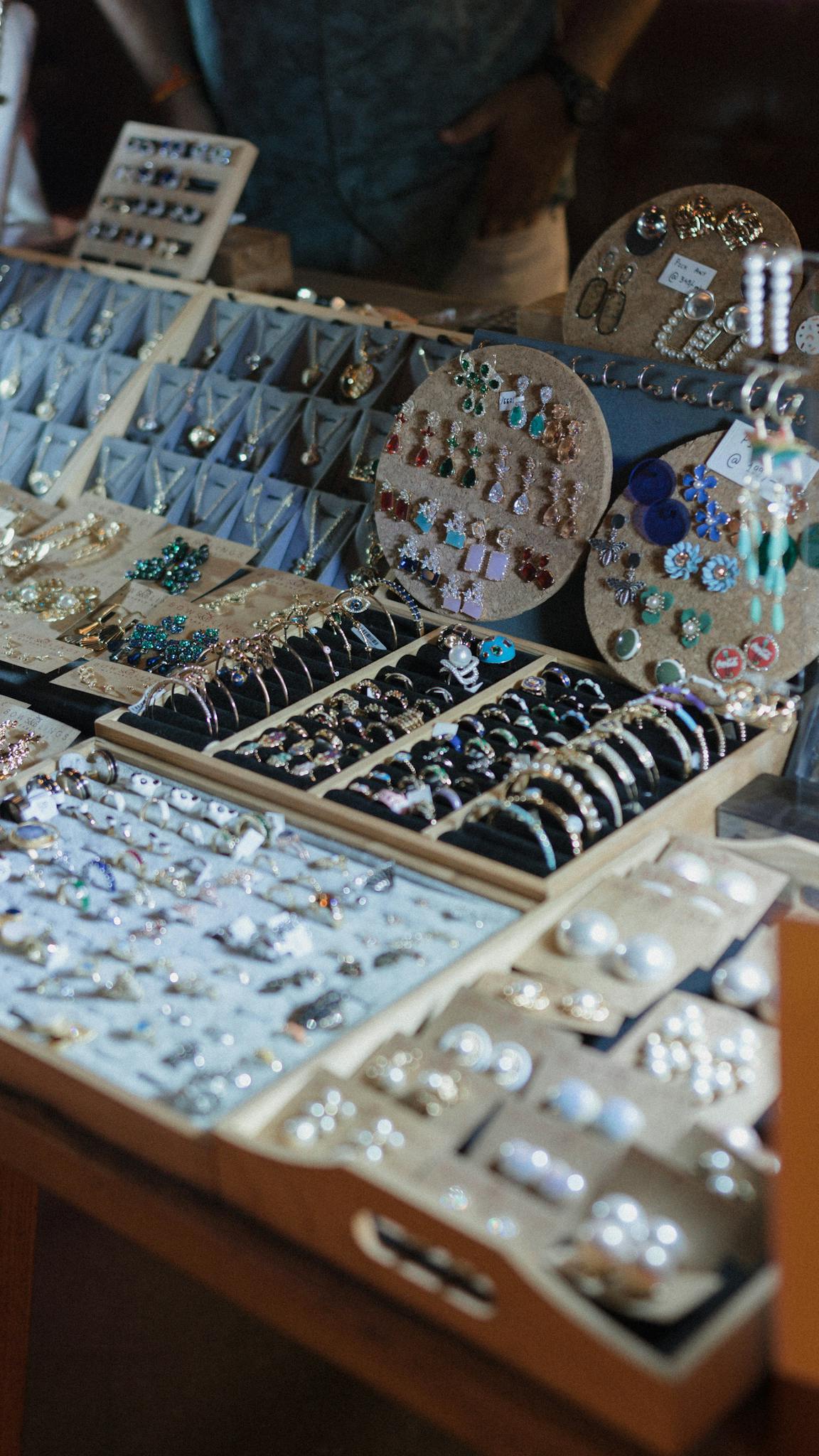 a close up of a jewelry display showcasing