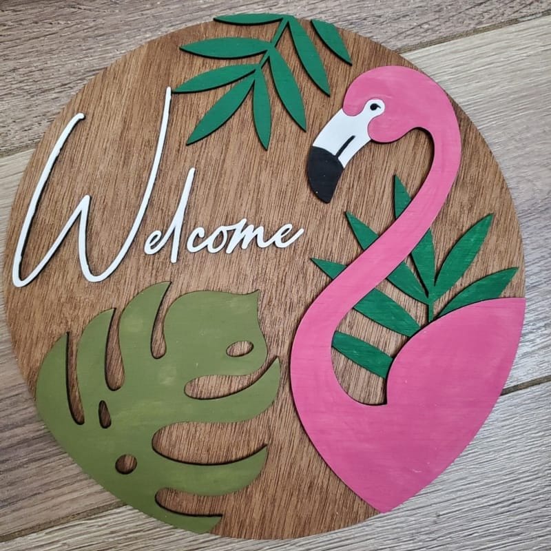 Laser Cut Flamingo Welcome Door Hanger 1 Laser Cut Flamingo Welcome Door Hanger