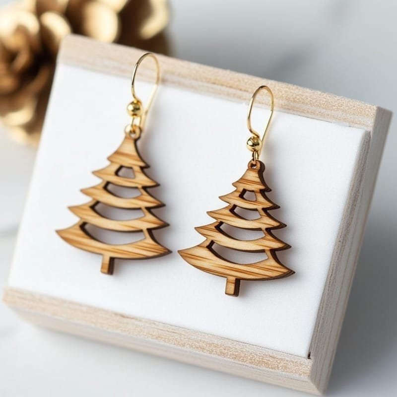 Laser Cut Christmas Tree Wood Earring 1 Laser Cut Christmas Tree Wood Earring